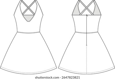 v neck sleeveless strappy strapped shoulder straps zippered mini short a line dress template technical drawing flat sketch cad mockup fashion woman design style model 
