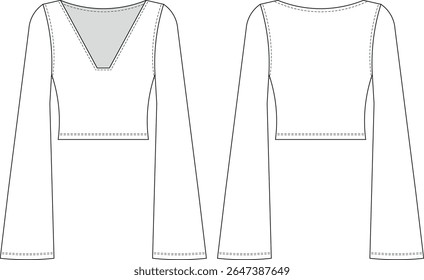 v neck square neck bell kimono long sleeve fit elastic bodycon short blouse top tshirt tee template technical drawing flat sketch cad mockup fashion woman design style model 