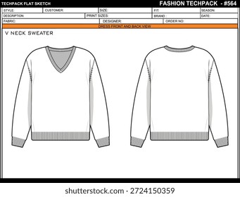 DISEÑO DE PLANTILLA DE DISEÑO DE TECHPACK VACÍO FÁCIL EDITABLE DEL SUÉTER DEL CUELLO EN V