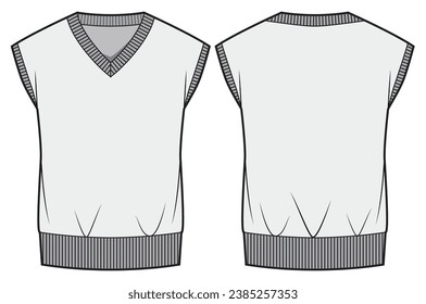 V Neck Sweater Vest Fashion Flat Sketch Vector Illustration, CAD, Technical Drawing, Flat Drawing, Template, Mockup.
