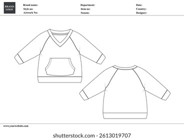 V neck sweatshirt technical drawing fashion flat sketch vector illustration template for kids with tech pack details
