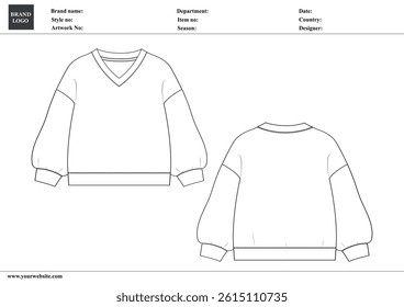 V neck Sweatshirt technical drawing fashion flat sketch vector illustration template for ladies with tech pack details