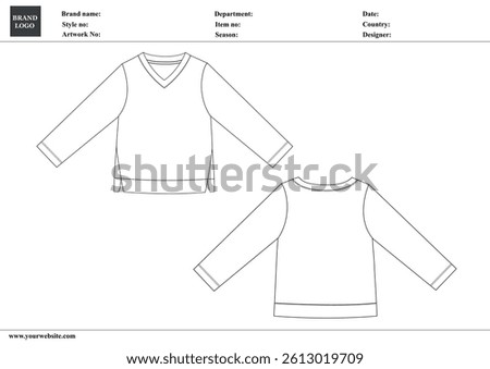 V neck sweatshirt technical drawing fashion flat sketch vector illustration template for kids with tech pack details