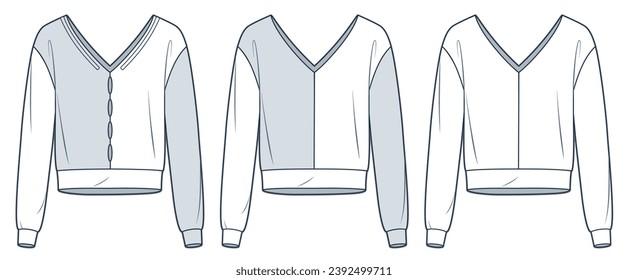 V Neck Sweatshirt technical fashion illustration. Sweaters fashion flat technical drawing template, cutouts, long sleeve, relaxed fit, front view, white, grey, women, men, unisex Top CAD mockup set.