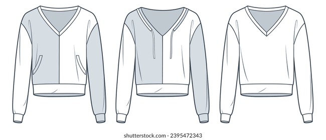 V Neck Sweatshirt technical fashion illustration. Sweaters fashion flat technical drawing template, pockets, long sleeve, relaxed fit, front view, white, grey, women, men, unisex Top CAD mockup set.
