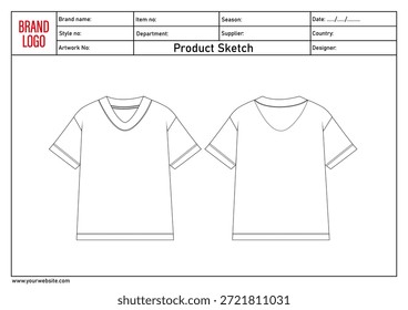 V-Ausschnitt T-Shirt technische Zeichnung Vektorgrafik-Vorlage vorne und hinten mit Tech-Pack Details