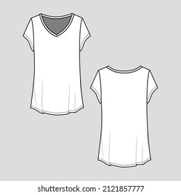 V Neck T shirt top Womens Fashion cad mock up Flat sketch drawing template design vector