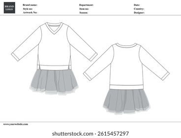 V neck t shirt tops with bottom skirt technical drawing fashion flat sketch vector illustration template front and back with tech pack details.