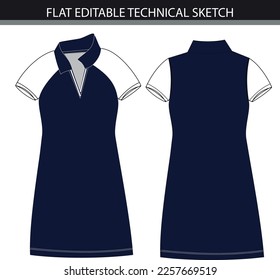 V neck Tennis Dress for Women with contrast sleeves. Vector file.