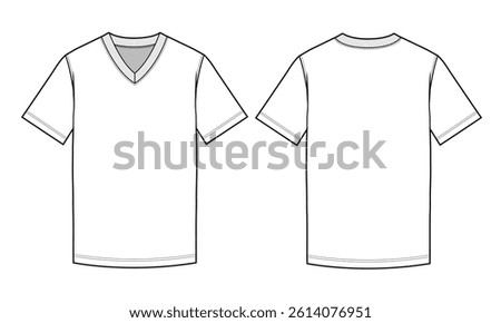 V neck t-shirt front and back view technical flat design vector mockup template.
