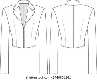 v neck zippered collared long sleeve jacket shirt template technical drawing flat sketch cad mockup fashion woman design style model