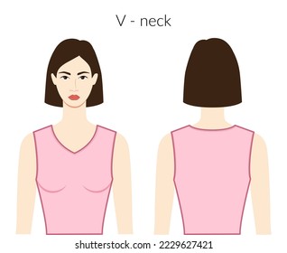 V - neckline clothes character beautiful lady in pink top, shirt, dress technical fashion illustration with fitted body. Flat apparel template front, back sides. Women, men unisex CAD mockup