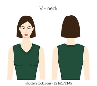 V - Neckline Clothes Knits, Sweaters Character Beautiful Lady In Emerald Top, Shirt, Dress Technical Fashion Illustration Fitted. Flat Apparel Template Front, Back Sides. Women, Men Unisex CAD Mockup