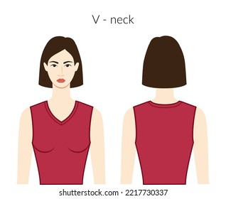 V - Neckline Clothes Knits, Sweaters Character Beautiful Lady In Burgundy Top, Shirt, Dress Technical Fashion Illustration With Fitted Body. Flat Apparel Template. Women, Men Unisex CAD Mockup