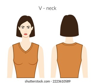 V - neckline clothes knits, sweaters character lady in ochre top, shirt, dress technical fashion illustration with fitted body. Flat apparel template front, back sides. Women, men unisex CAD mockup