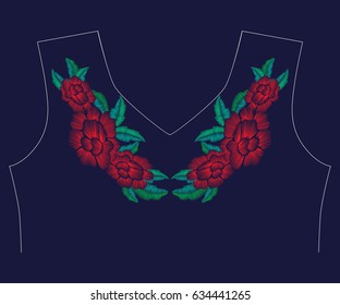 V neckline embroidery stitches with poppy flowers. Design for fashion wearing. Vector embroidered ornament.