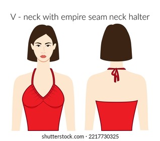 V - neckline with empire seam neck halter clothes character beautiful lady in red top, shirt, dress technical fashion illustration with fitted body. Flat apparel template. Women, men unisex