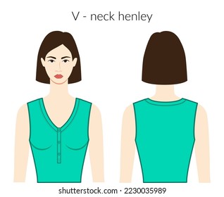 V - neckline henley knits, sweaters clothes character beautiful lady in green top, shirt, dress technical fashion illustration with fitted body. Flat apparel template. Women, men unisex CAD mockup