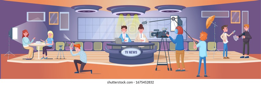  V News Studio Room. Full-sized Studio, With Operators, Directors, Make-up Artists, Sound Engineers, Broadcasting Production Studio Stage Light Equipment. Announcers Broadcasting With Cameraman Vector