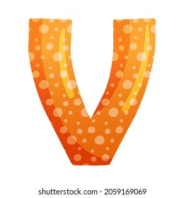 V orange glossy letter. Cute childish alphabet for card, poster, nursery design cartoon vector illustration