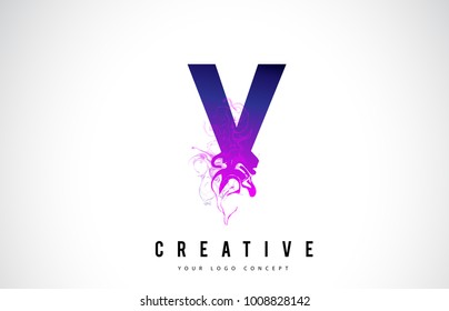 V Purple Letter Logo Design with Creative Liquid Effect Flowing Vector Illustration.