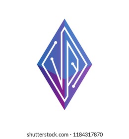 V Q Initial letter block chain logo icon vector template. Looping mono line circuit letter on rhombus cube logo