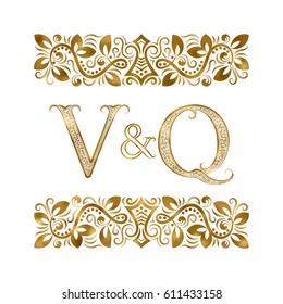 V and Q vintage initials logo symbol. The letters are surrounded by ornamental elements. Wedding or business partners monogram in royal style.
