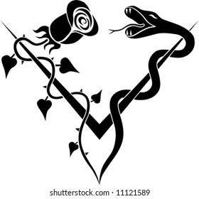 V ROSE AND SNAKE TATTOO - Tattoo Design. Vector drawing.