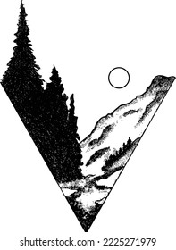 V Shape Sketch Mountain Forest Landscape view - (Editable file) - Vector Illustration