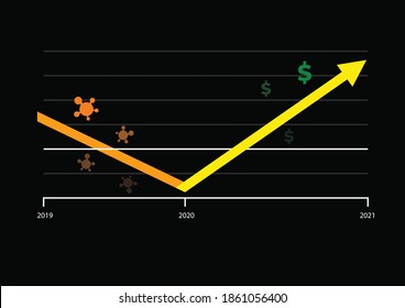 V Shaped Chart Of Economic GDP Recovery From Pandemic Covid-19 Corona Virus. Get Ready For Economic Rebound