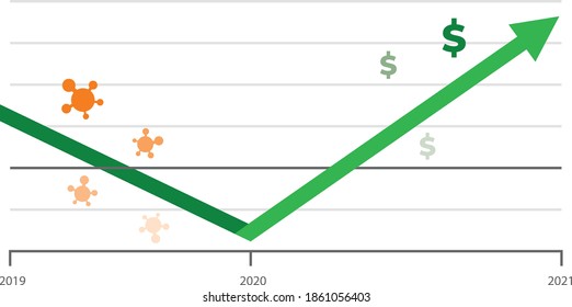 V Shaped Chart Of Economic GDP Recovery From Pandemic Covid-19 Corona Virus. Get Ready For Economic Rebound