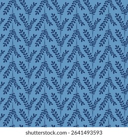 V Shaped Navy Blue Leaf Branches in Vertical Stripes on a Royal Blue Background creating a seamless pattern print