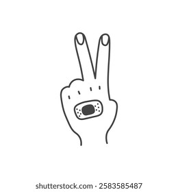 V sign with Adhesive Bandage. Outline hand gesture with band aid. Doodle finger pose with medical plaster. Vector illustration