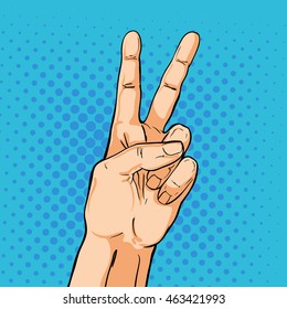 V sign hand. Fingers showing two. Vector illustration in pop art comic style