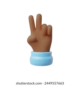 V sign hand gesture 3D vector icon. Sign of victory or peace. Cartoon emoji for social media message and positive feedback. Two fingers gesture, afro arm with blue sleeve isolated on white