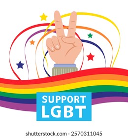 V Sign Hand Gesture Gay Pride Peace on white background. Love Symbol Support Lgbt Community.  Illustration, Vector, Poster, Background or wallpaper.   
  