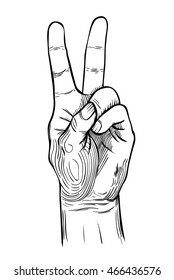 V sign hand. Vector illustration isolated.  engraving style.