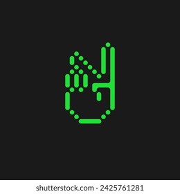 V-Zeichen minimalistische Vektorgrafik. Frieden, Sieg, einfache Umriss-Symbol. Hand-Gesten-Index und Mittelfinger in V-Form angehoben. Saures grünes Farbdesignelement. Rave psychedelischen 90er Jahre Stil.