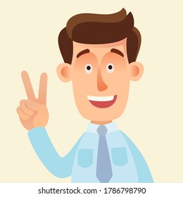 V sign. Young smiling man showing hand gesture - victory, two fingers up, portrait. Vector illustration, flat design, cartoon style, isolated background.