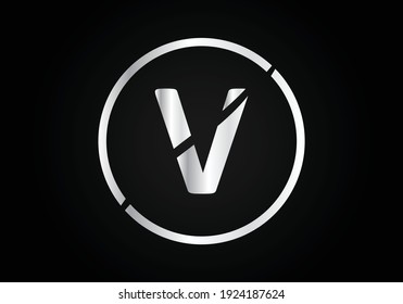 V Silver Letter Logo Design With Circle Swoosh And Silver Metal Texture.