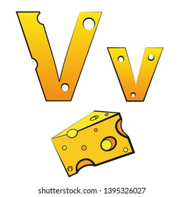 V, swiss vector Alphabet made of Cheese, Vector Icons isolated on white