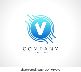 V Technology Circuit Alphabet. Logo. Simple, modern, futuristic. With Blue Gradation Color.