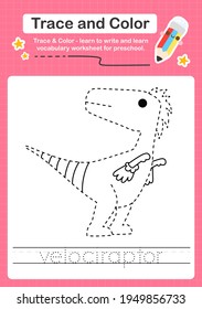 V Tracing word for dinosaurs and coloring trace worksheet for kids to practice writing skills with the word Velociraptor