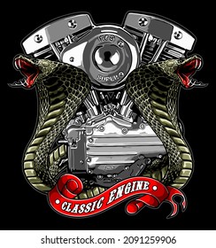 V Twin Engine Flanked By Two Snakes, Motorcycle Engine, T-shirt Design, Motorcycle Club, Patch, Panhead, Kucklehead, Shovelhead, Motorradfahrer, Motorrijder, Motard