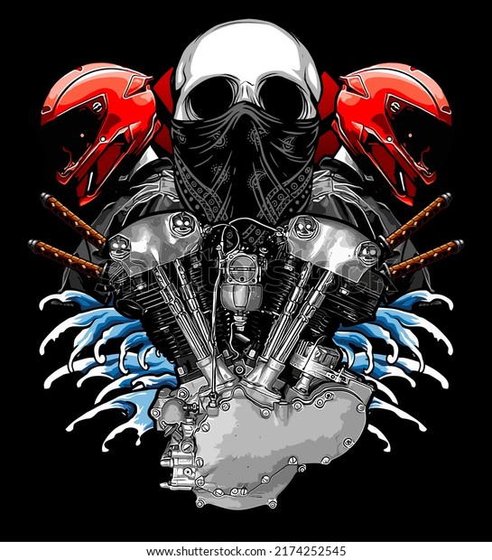 v twin\
engine with skull and biker background\
