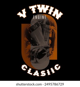v twin engine t shirt design, vector halftone effect