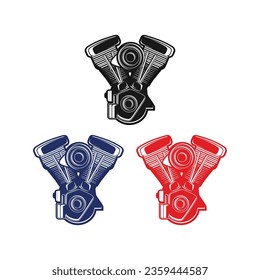 V Twin Motorcycle Engine Black, Blue, Red, White Silhouette Vector