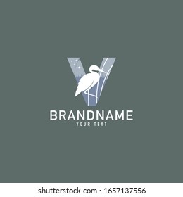 "V" Typographic Vector Icon Illustration. Heron Logo