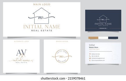 A V VA Initial handwriting Real estate signature logo with business card design vector template. 