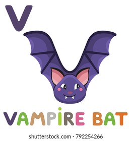 V is for Vampire bat. Letter V. Vampire bat, cute funny illustration. Animal alphabet.